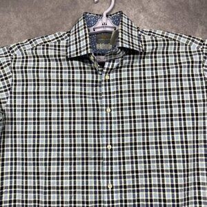 Thomas Dean Button Shirt Mens XL Blue Plaid Long Sleeve Floral Cuffs Casual